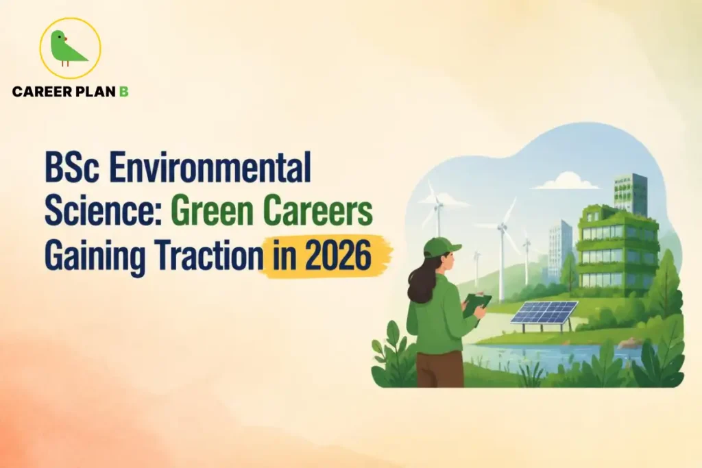 BSc Environmental Science and green career opportunities in 2026, featuring renewable energy, solar power, wind turbines, sustainable buildings, water resources, and environmental conservation