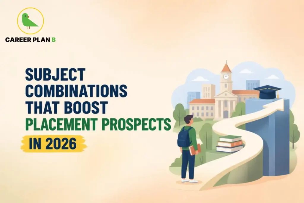 Subject combinations that can improve placement prospects in 2026, featuring a student exploring academic pathways, university education, career planning, and job-focused degree choices