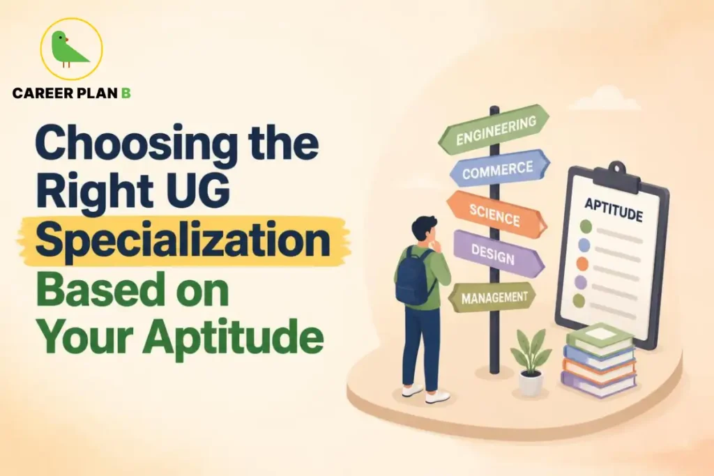 Choosing the right UG specialization based on aptitude, with a student comparing engineering, commerce, science, design, and management pathways for future career opportunities