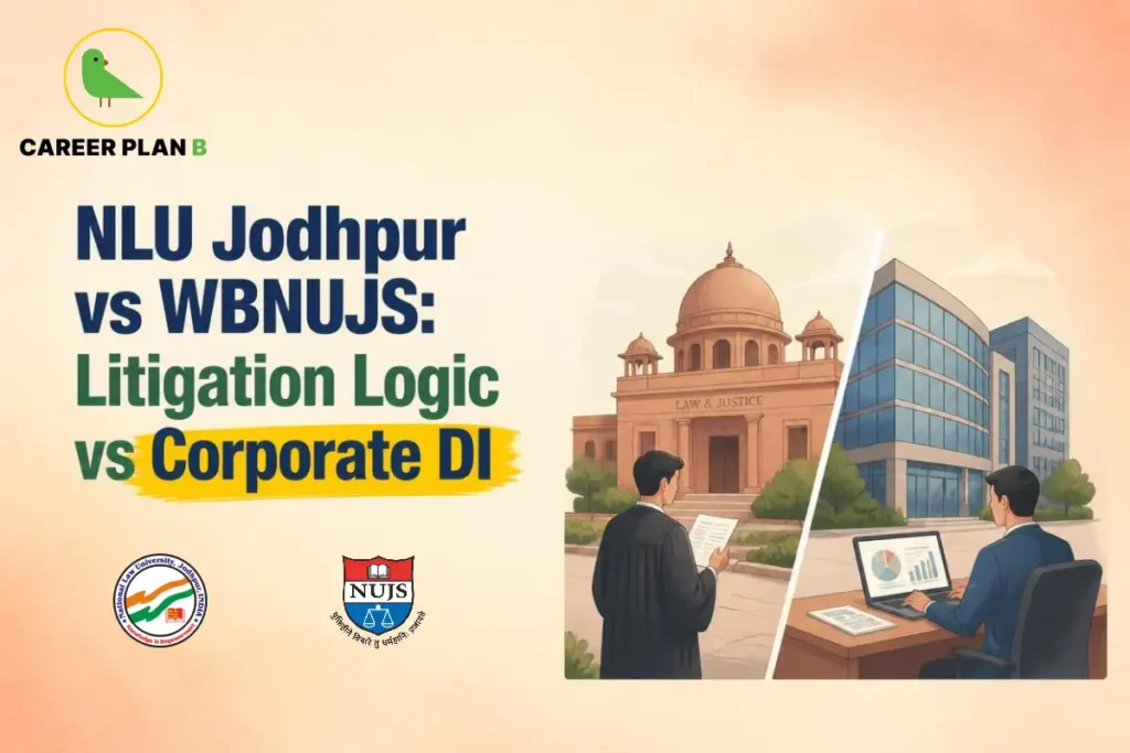 NLU Jodhpur vs WBNUJS comparison graphic showing litigation logic and corporate DI focus