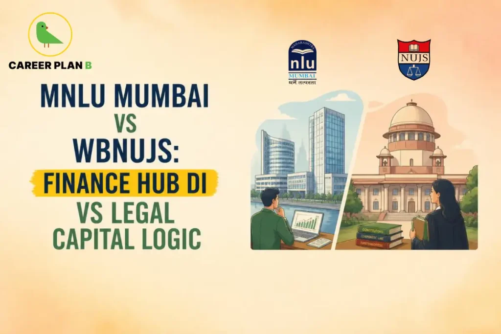 MNLU Mumbai and WBNUJS comparison graphic contrasting finance hub and legal capital settings
