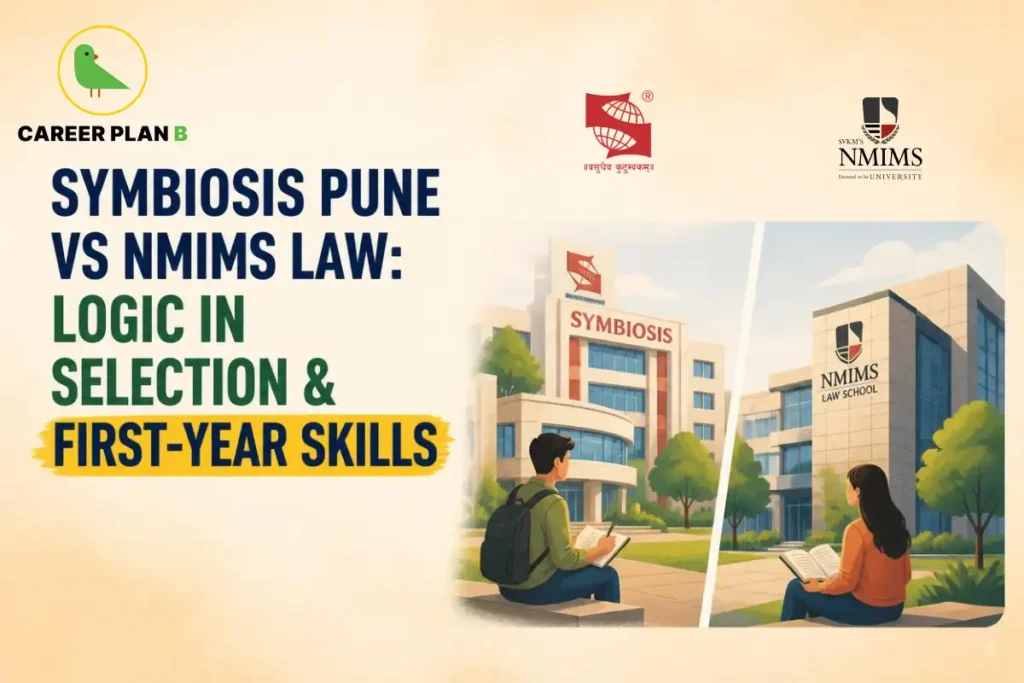 Symbiosis Pune and NMIMS Law comparison graphic showing selection logic and first-year skills