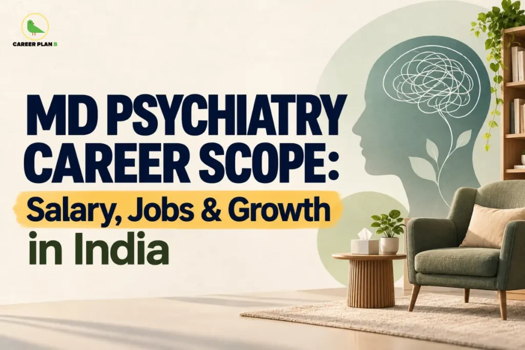 Educational infographic by Career Plan B titled "MD PSYCHIATRY CAREER SCOPE: Salary, Jobs & Growth in India". Top-left features the Career Plan B logo with a green bird inside a solid gold circular emblem with text below. Right side illustrates a therapy room interior with a comfortable armchair, a side table, a bookshelf, and a wall mural depicting a human profile silhouette with a stylized botanical brain.