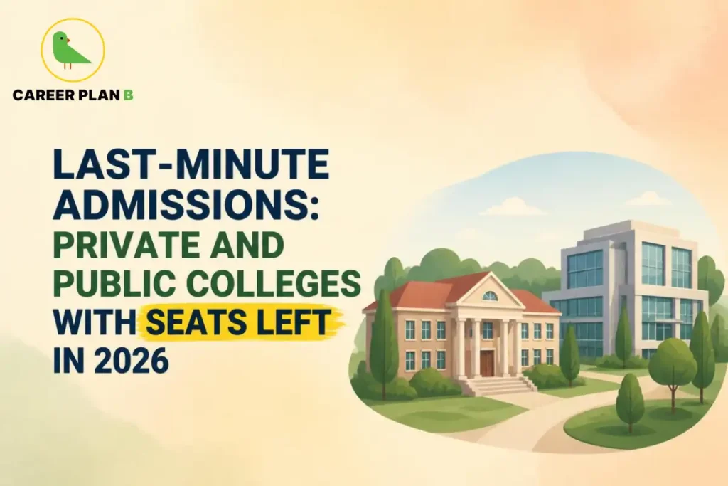 Last-minute college admissions for private and public colleges with seats still available in 2026, showing two campus buildings for students seeking late admission opportunities