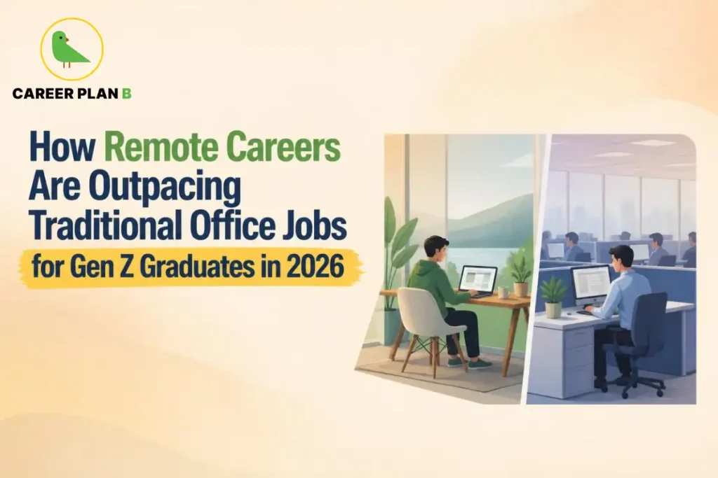 Remote careers compared with traditional office jobs for Gen Z graduates in 2026, showing flexible and office-based work settings