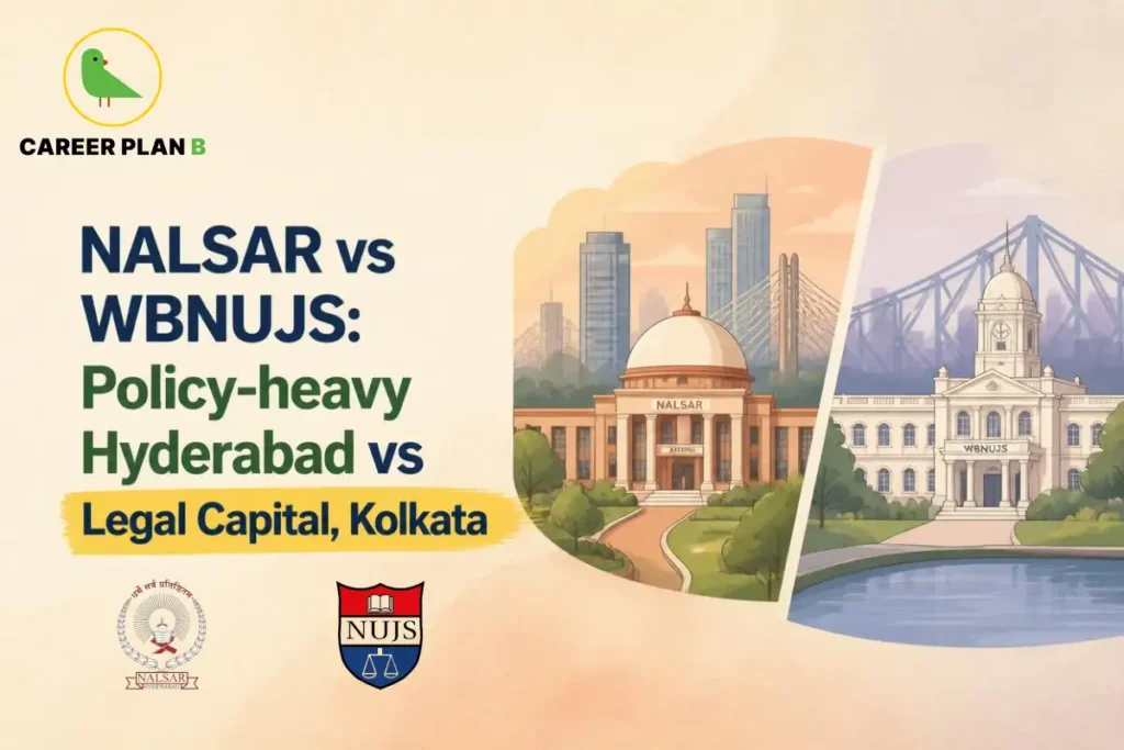 Illustration comparing NALSAR Hyderabad and WBNUJS Kolkata with their campuses and city settings