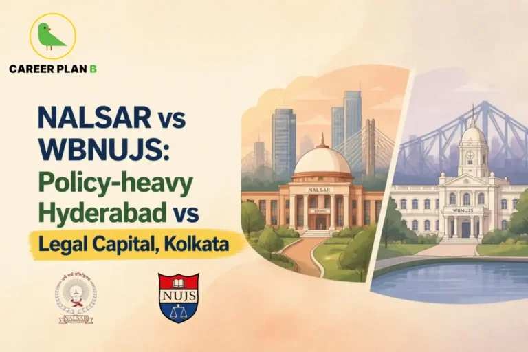 Illustration comparing NALSAR Hyderabad and WBNUJS Kolkata with their campuses and city settings