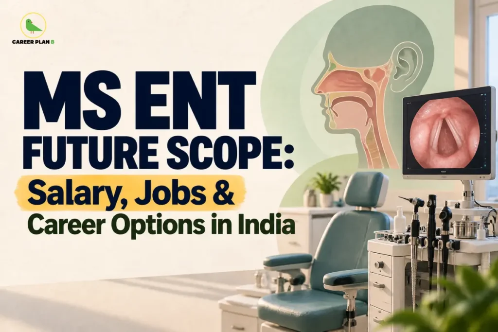 Educational infographic by Career Plan B titled "MS ENT FUTURE SCOPE: Salary, Jobs & Career Options in India". Top-left features the Career Plan B logo with a green bird inside a solid gold circular emblem with text below. Right side illustrates an ENT examination clinic featuring a medical chair, diagnostic otoscopes and nasal instruments, a monitor displaying an endoscopic view of vocal cords, and a wall cross-section diagram of the human ear, nose, and throat anatomy.