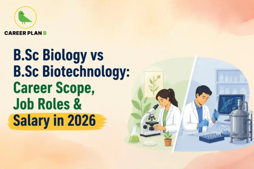 B.Sc Biology vs B.Sc Biotechnology comparison covering career scope, job roles, salary prospects, and opportunities for students in 2026