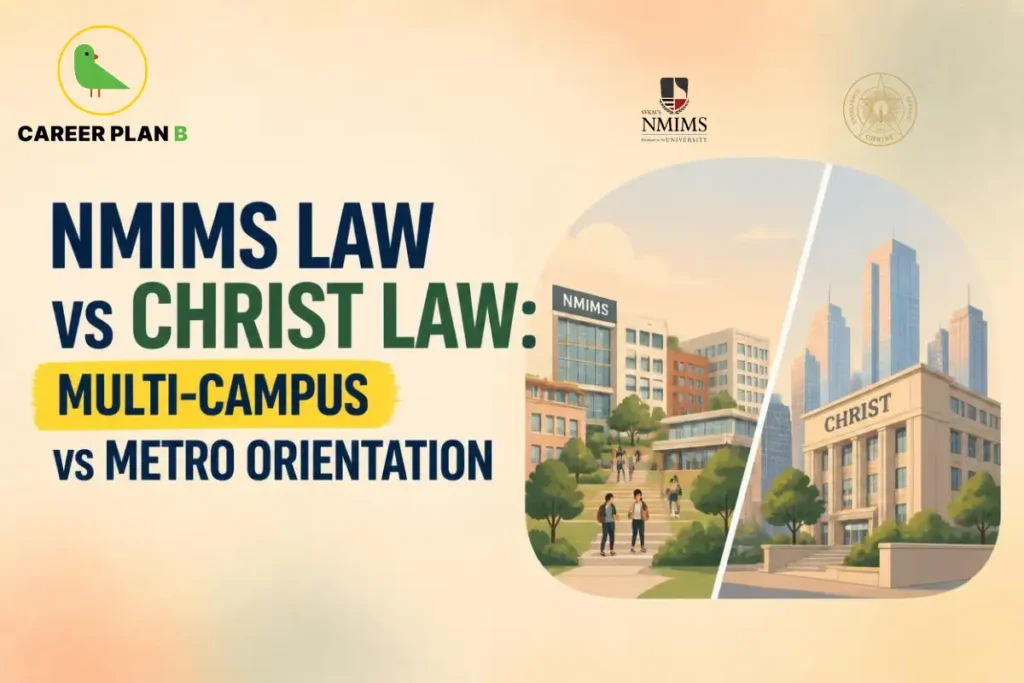 Illustration comparing NMIMS Law and Christ Law campuses.