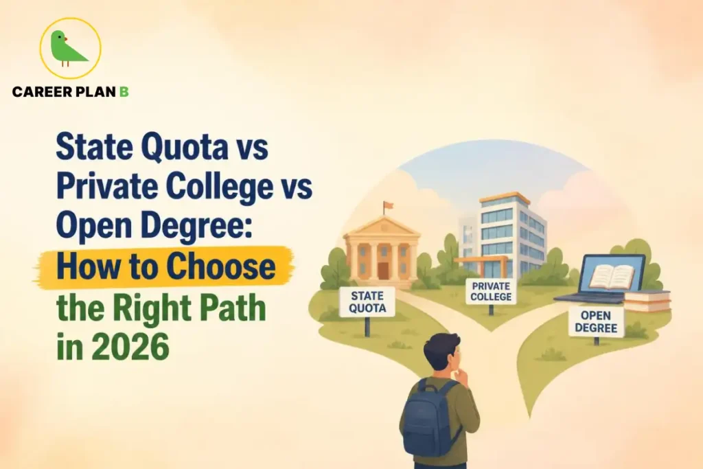 Student comparing state quota vs private college vs open degree pathways for higher education.