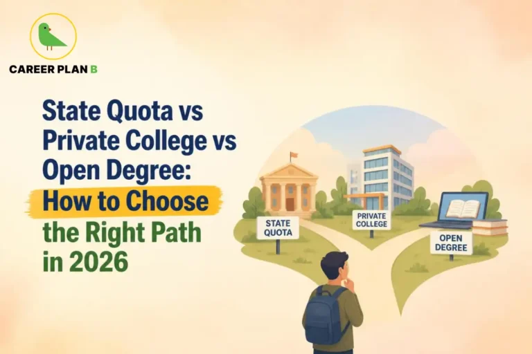 Student comparing state quota vs private college vs open degree pathways for higher education.