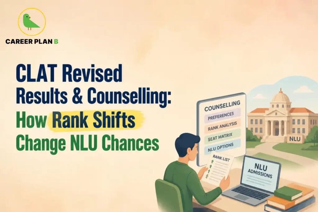 CLAT revised results and counselling graphic showing rank analysis, seat matrix, and NLU admission choices.