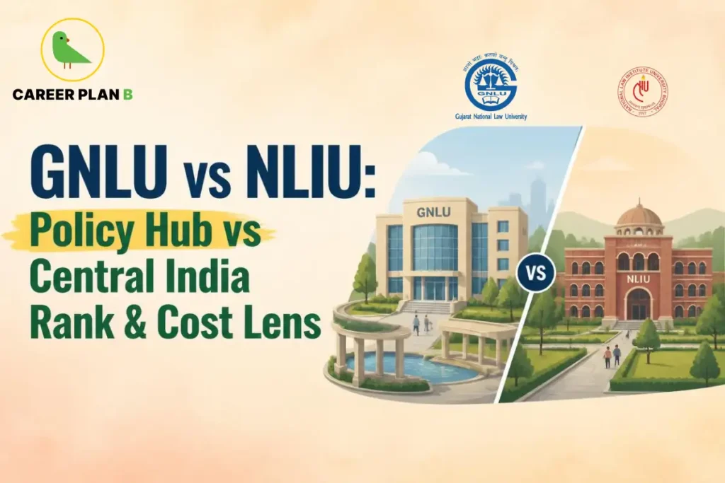 GNLU vs NLIU comparison showing law campuses, policy hub focus, and Central India career options.