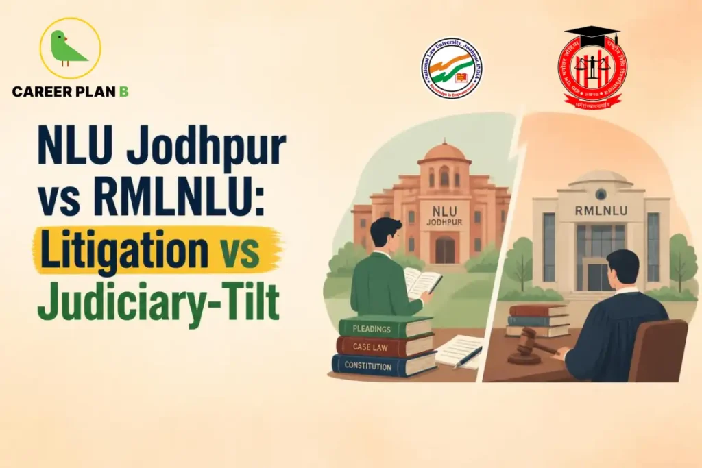 NLU Jodhpur vs RMLNLU graphic showing litigation and judiciary-focused legal career pathways.