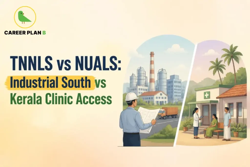 TNNLS vs NUALS graphic showing industrial law surroundings and Kerala legal clinic access.