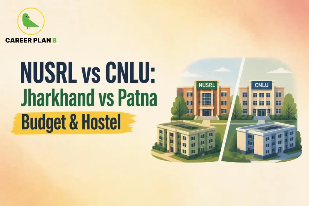 NUSRL vs CNLU comparison showing law campuses with hostel buildings and budget-focused choices.