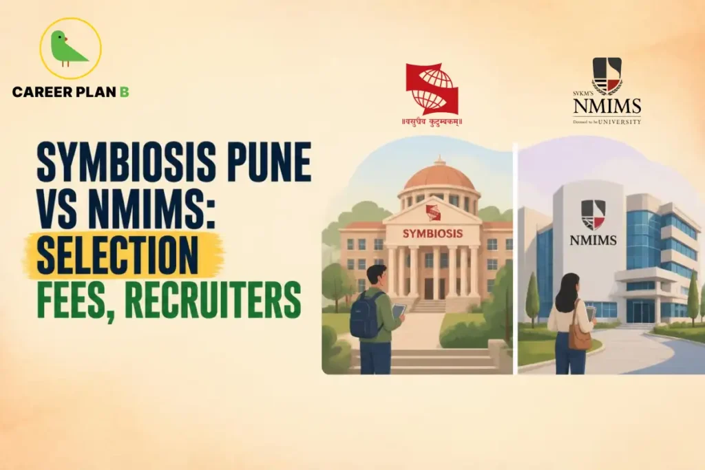 Symbiosis Pune vs NMIMS comparison showing law campuses, student selection, fees, and recruitment focus.