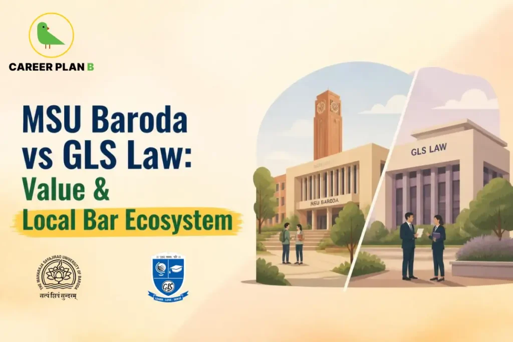 Illustrated comparison of MSU Baroda and GLS Law campuses with students outside both institutions.