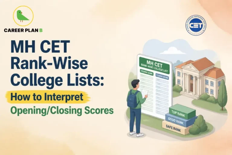 Student viewing an MH CET rank-wise college list beside an illustrated university campus.