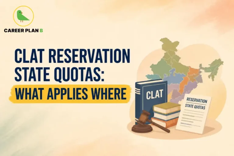 CLAT reservation graphic showing an India map, law books, gavel, and state quota document.