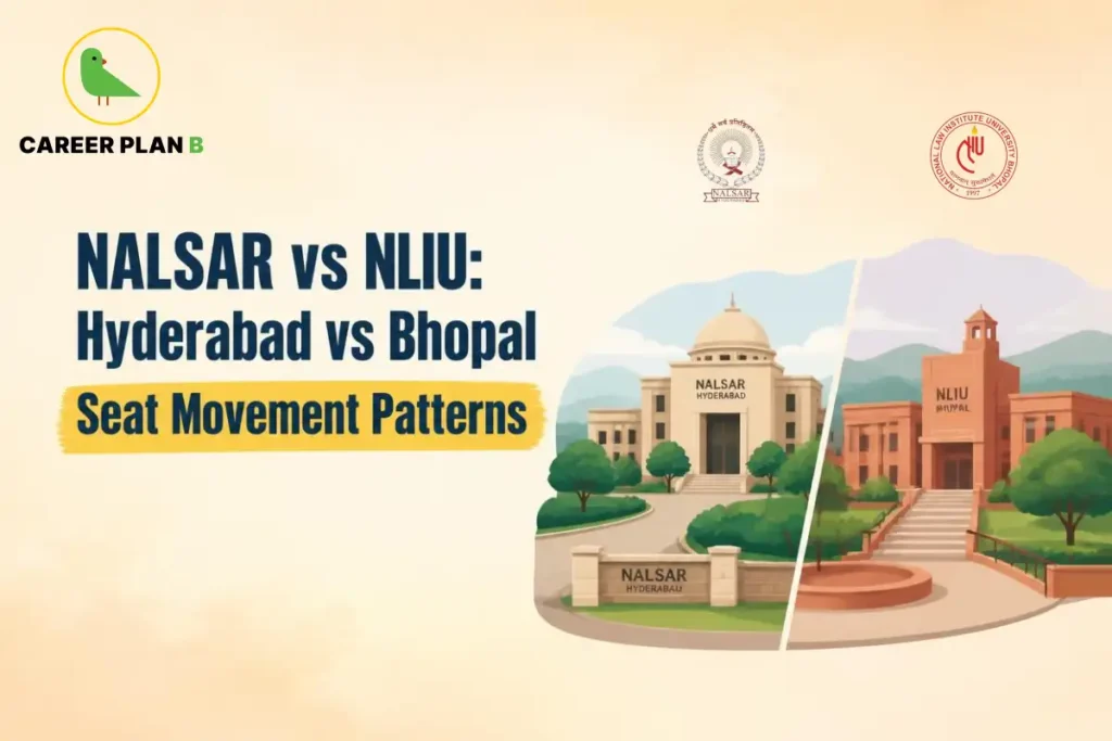NALSAR Hyderabad and NLIU Bhopal campus illustrations shown side by side.