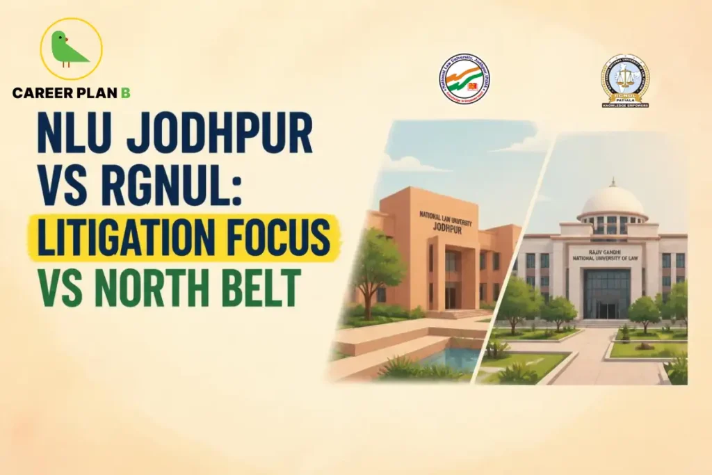 NLU Jodhpur and RGNUL campuses shown side by side in an illustrated law college comparison.