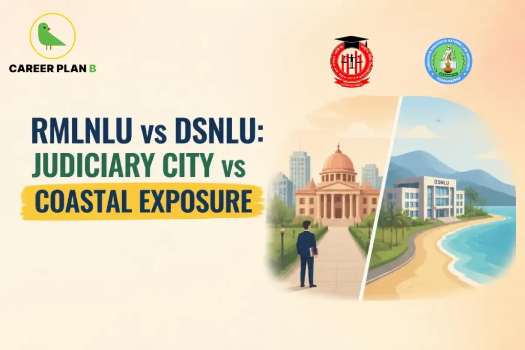 RMLNLU and DSNLU campus illustrations showing an urban legal setting and coastal surroundings.