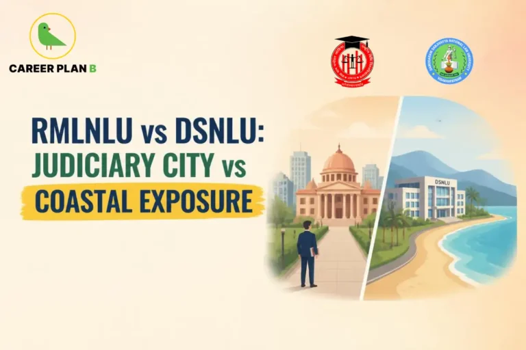 RMLNLU and DSNLU campus illustrations showing an urban legal setting and coastal surroundings.