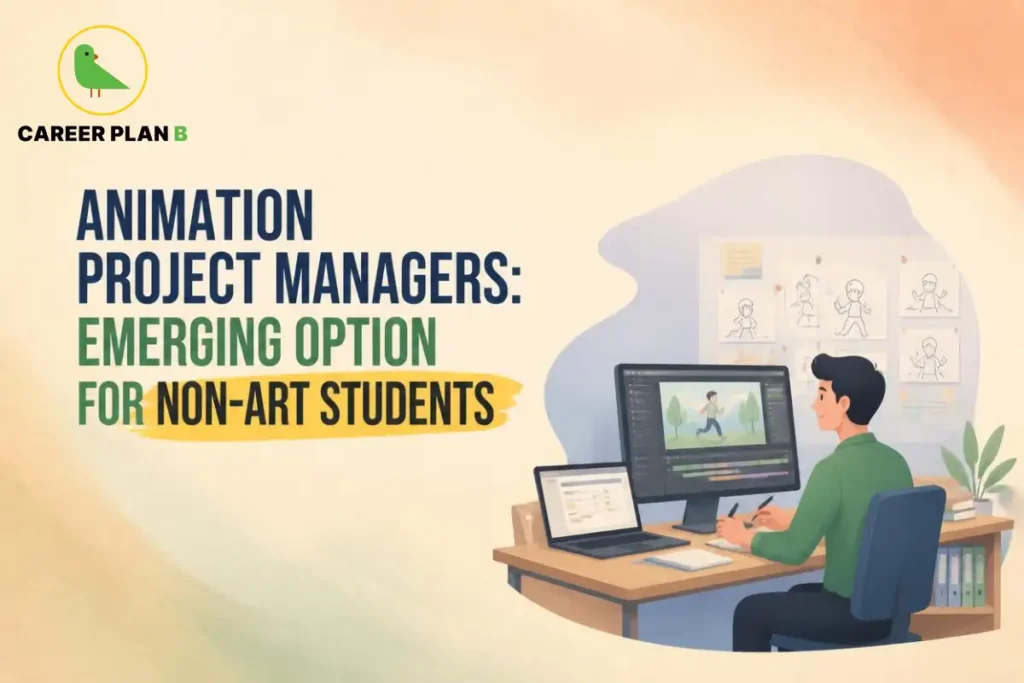 Animation project managers coordinating digital animation work using a computer, storyboards, and character sketches.