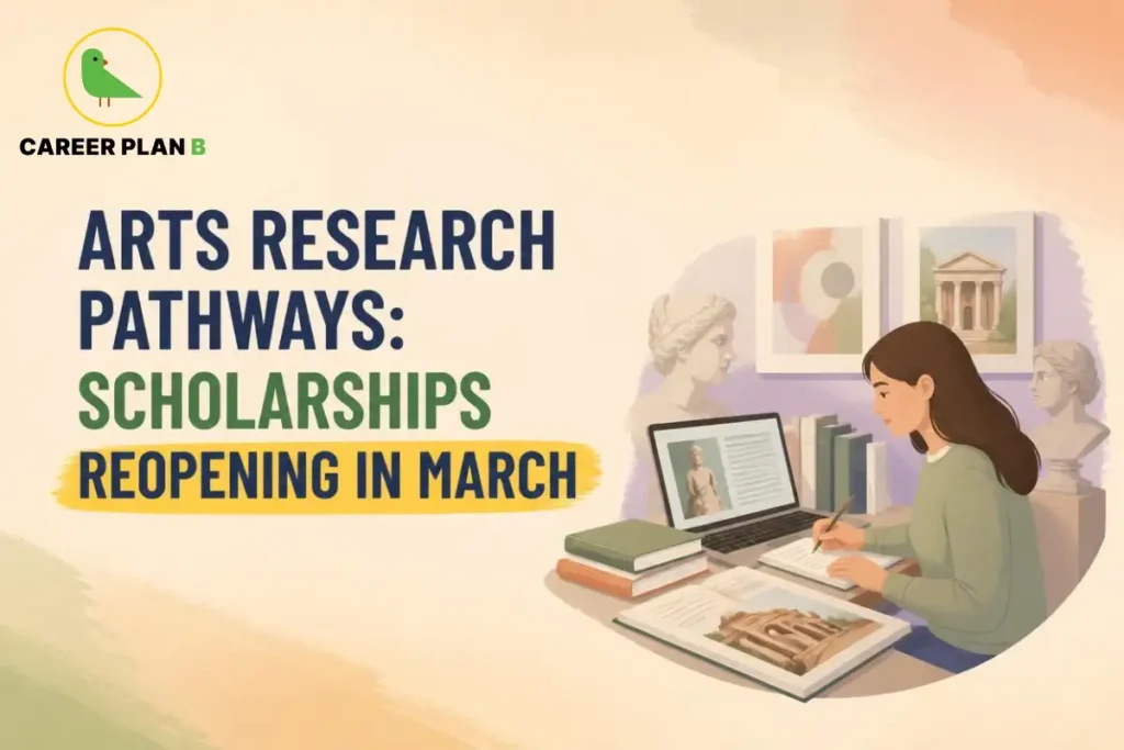 Arts research scholarships, illustrated by a student studying art history books and digital images of sculptures.