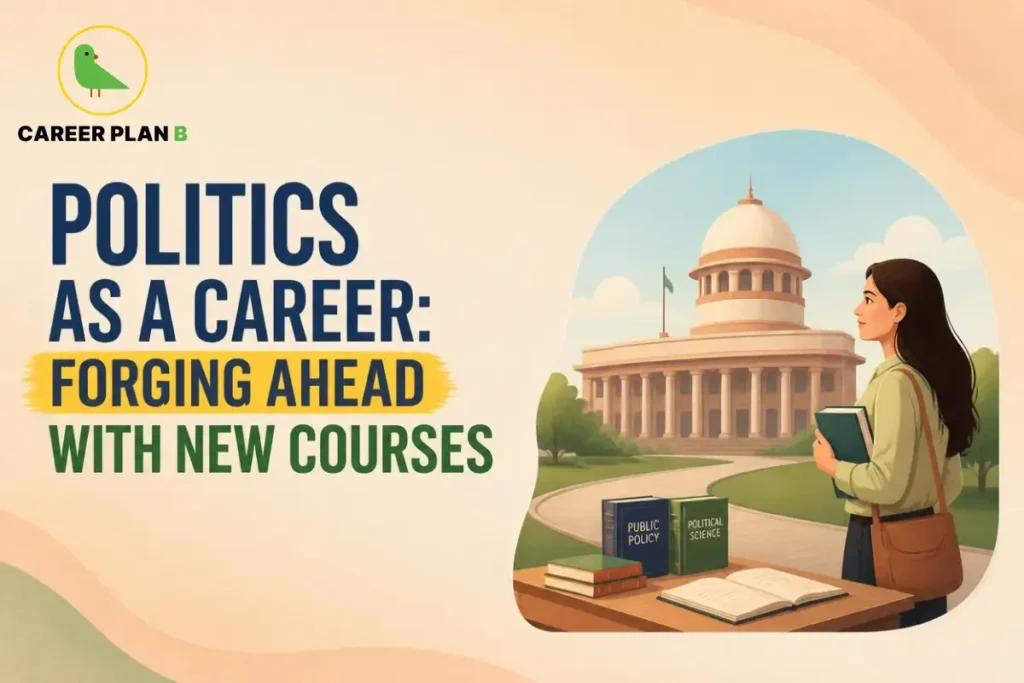 Politics as a career, represented by a student exploring political science and public policy near a government building.
