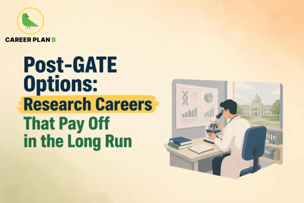 Post-GATE research careers, showing a scientist examining samples under a microscope in a research laboratory.