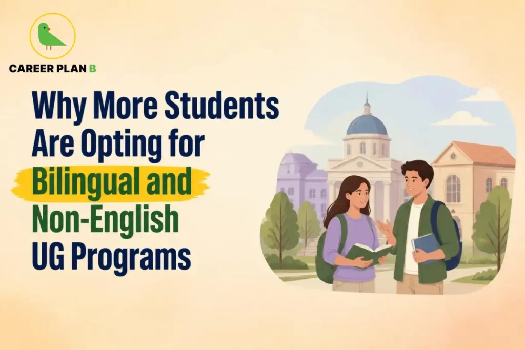 Bilingual and non-English UG programs, illustrated by two university students discussing their studies on campus.