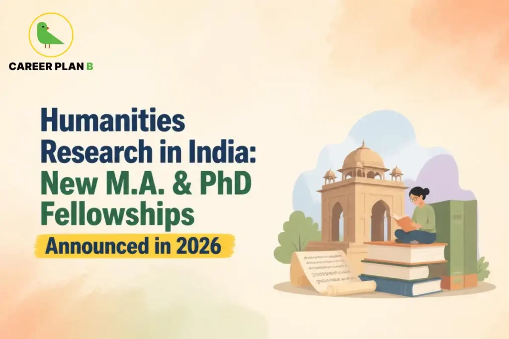 Humanities research in India, showing a student reading historical texts beside academic books and an architectural monument.