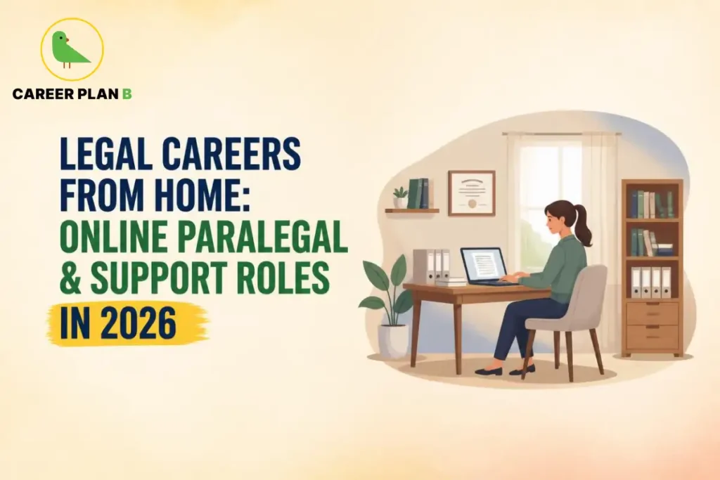 Legal careers from home, showing a professional reviewing documents on a laptop at a desk with legal files and books.