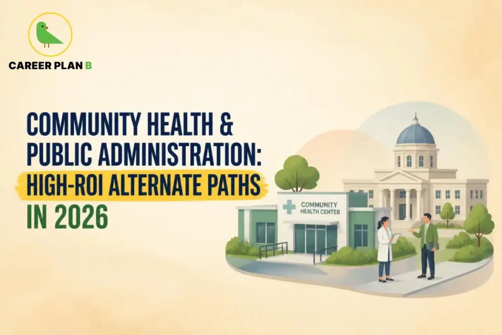 Community health and public administration careers, represented by a health professional and an administrator outside a community health centre.