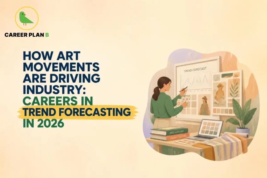 Careers in trend forecasting, showing a designer analysing colour palettes, fabric samples, artwork, and visual trend charts.