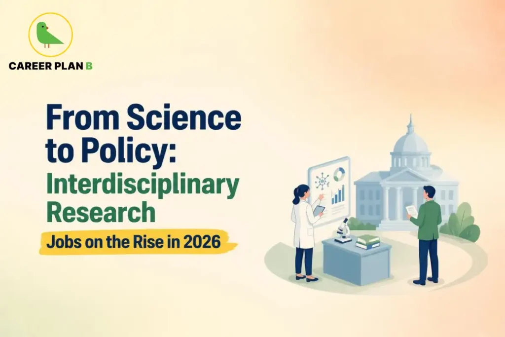 Interdisciplinary research jobs connecting science and public policy, with researchers reviewing scientific charts near a government building.