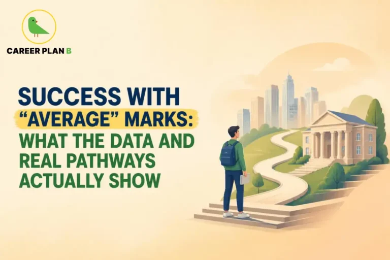 Student walking toward a university campus, illustrating success with average marks.