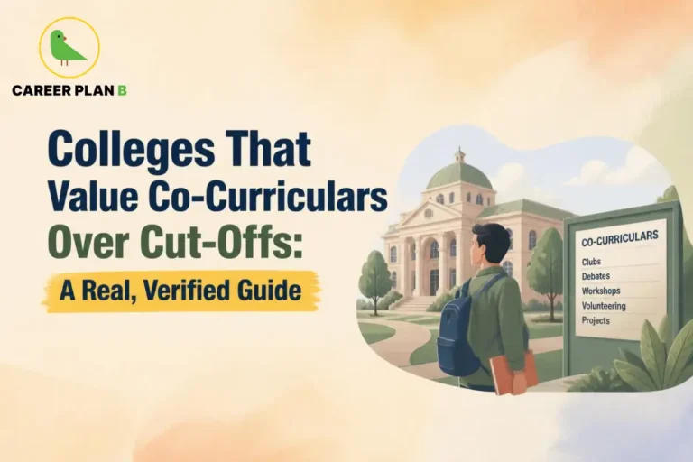 Student visiting a college campus with a sign highlighting colleges that value co-curriculars over cut-offs