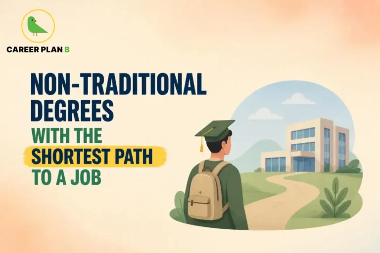 Graduate walking toward a campus representing non-traditional degrees and career pathways.