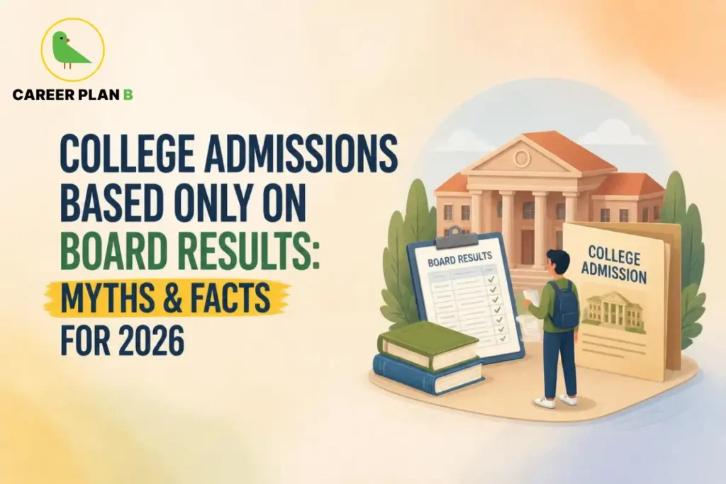 Student reviewing board results beside a college admissions information display.