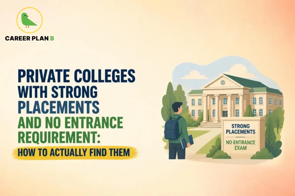 Student outside a private college beside a sign promoting strong placements.