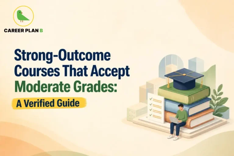 Student with a laptop beside books and a graduation cap, illustrating courses that accept moderate grades.
