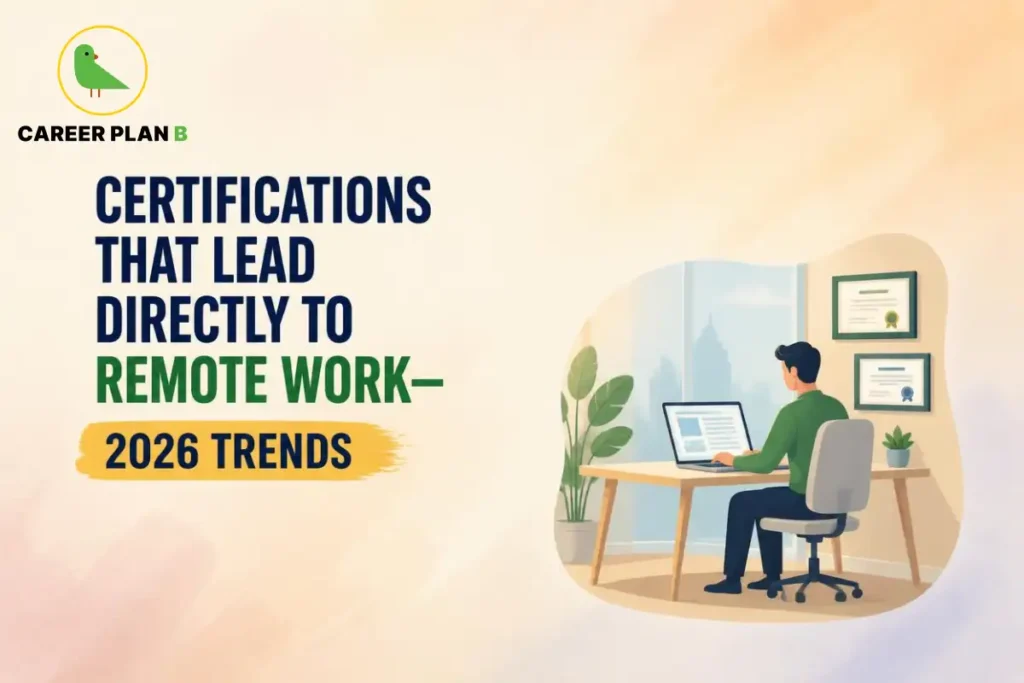 Certifications for remote work, illustrated by a professional working on a laptop at a home desk with certificates displayed on the wall.