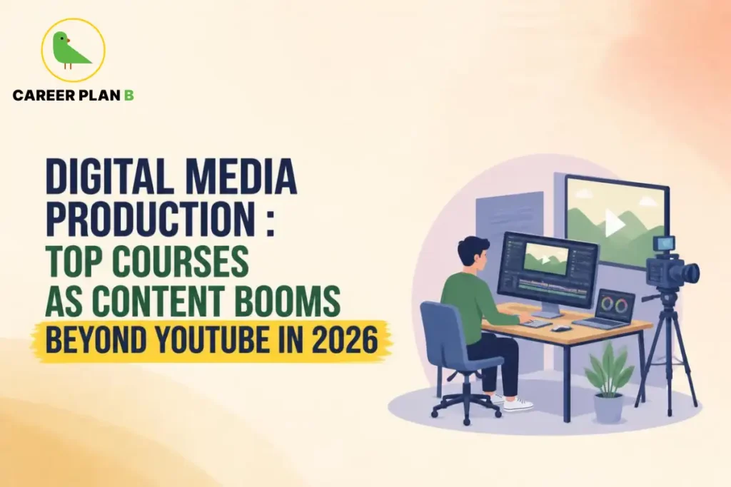 Digital media production courses, showing a content creator editing videos on a computer beside a camera and video display.
