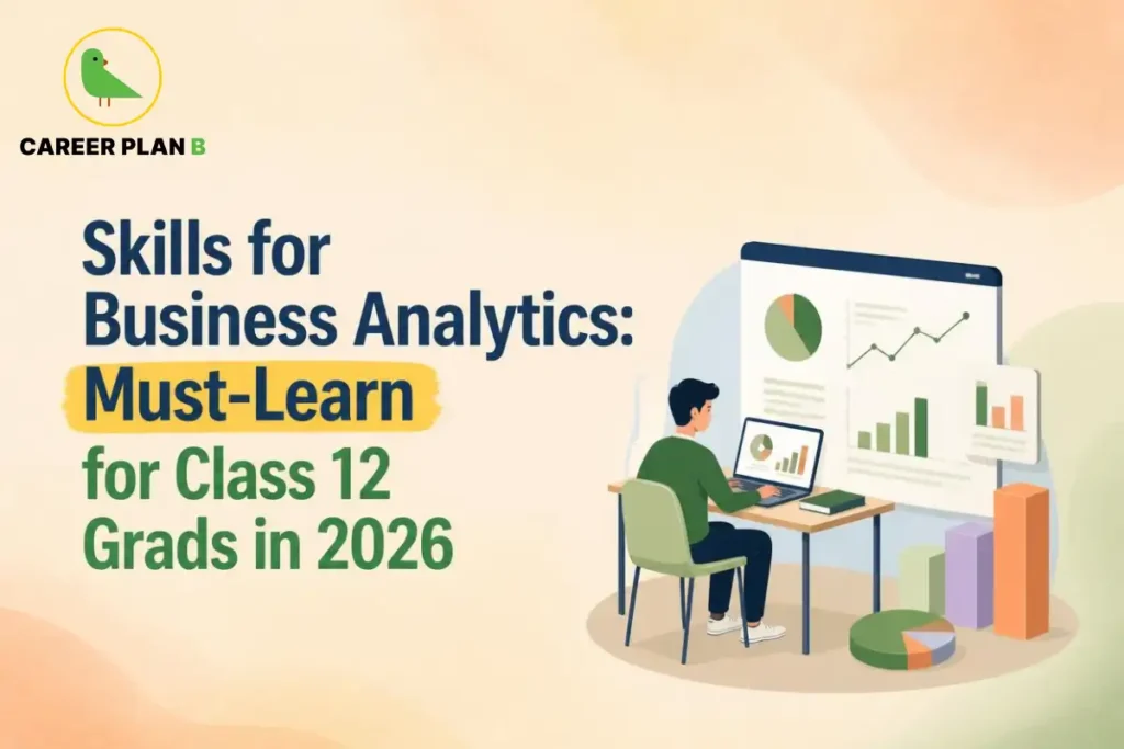 Skills for business analytics, illustrated by a student analysing charts, graphs and data visualisations on a computer.