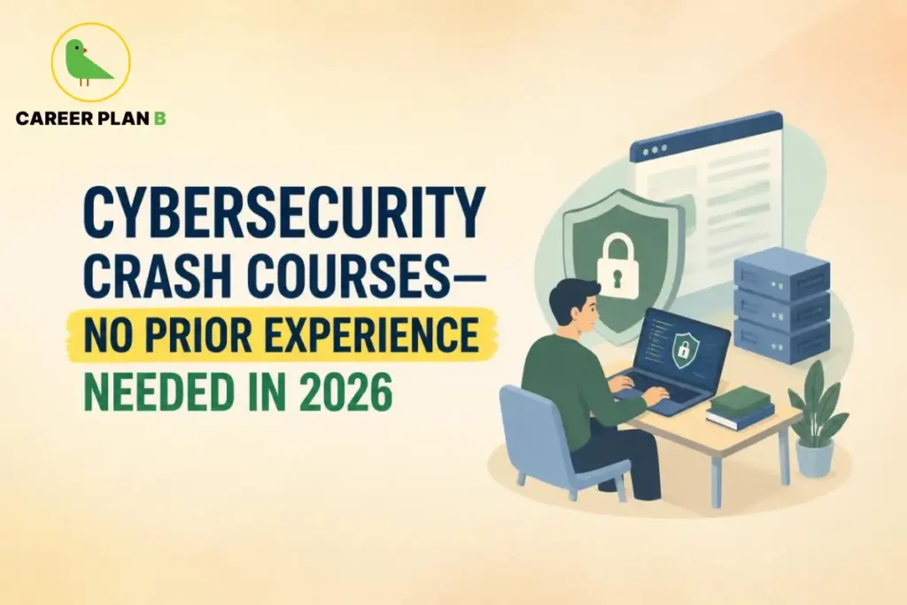 Cybersecurity crash courses, showing a learner studying digital security on a laptop with a shield, padlock and server equipment in the background.
