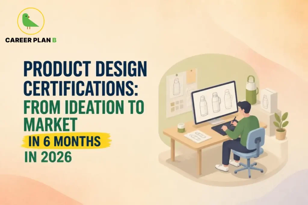 Product design certifications, illustrated by a designer creating product sketches and digital bottle prototypes on a computer.